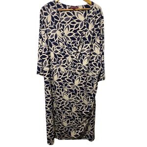 Jessica London 26w blue white faux wrap dress stretch 3/4 sleeve